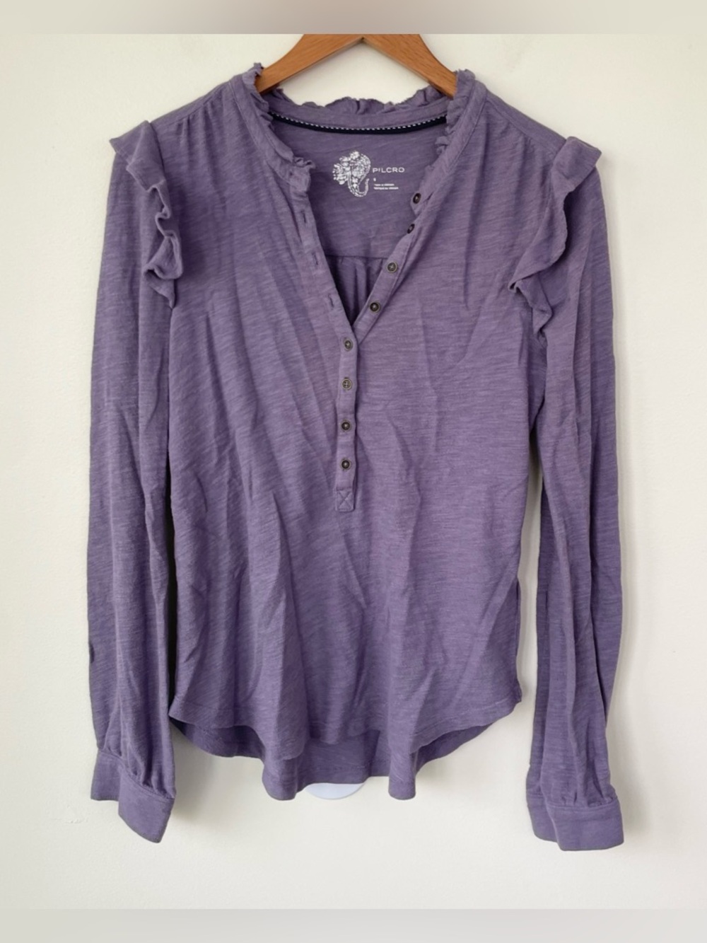 Anthropologie Pilcro Ruffled Henley Top S Small Purple Knit Popover Long Sleeve - Picture 3 of 11